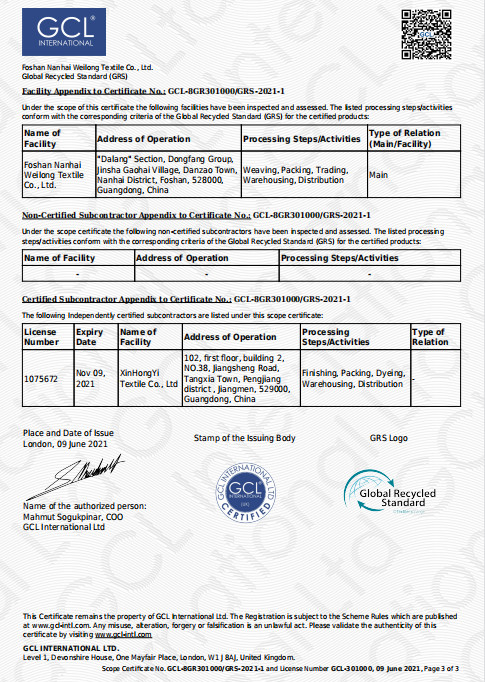 Porcelana Foshan Nanhai Weilong Textile Co., Ltd. Certificaciones