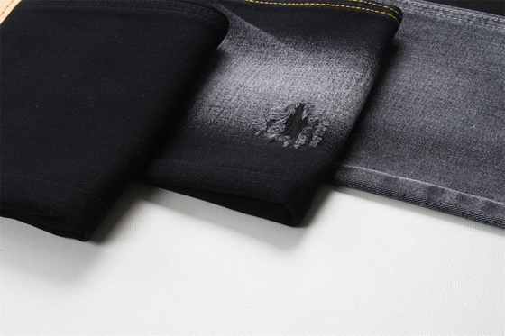 Tejido de mezclilla negra de 10.5 oz, rígido, 100% algodón, negro y negro en el reverso, para jeans de estilo boyfriend, tacto suave para mujer